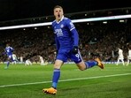 Leicester City's Jamie Vardy celebrates scoring their first goal 