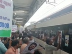 People can be seen pasting the posters Sreekandan on the windows of the train. People can be seen pasting the posters Sreekandan on the windows of the train.