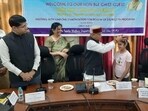 Himachal Pradesh Governor Shiv Pratap Shukla felicitating Nalini Singh at an event in Una, Himachal Pradesh. Himachal Pradesh Governor Shiv Pratap Shukla felicitating Nalini Singh at an event in Una, Himachal Pradesh.