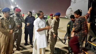 Minister of State for External Affairs, V. Muraleedharan receives as a second C-130 flight reaches Jeddah bringing 135 passengers from Sudan under Operation Kaveri, on Wednesday. (ANI Photo) (S Jaishankar Twitter)