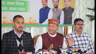 BJP state chief Rajeev Bindal addressing the media in Shimla on Wednesday. (Deepak Sansta/HT)