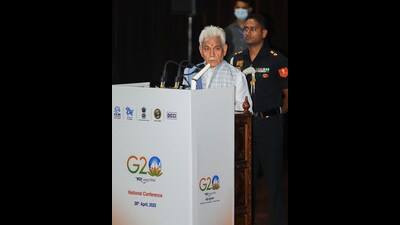 Jammu and Kashmir LG Manoj Sinha addresses during a national conference in Jammu on Wednesday. (PTI)