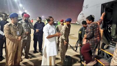 Minister of state for external affairs V Muraleedharan, who travelled to Jeddah on Tuesday to oversee repatriation efforts, received the Indians when they arrived in the Saudi port city. (PTI) Minister of state for external affairs V Muraleedharan, who travelled to Jeddah on Tuesday to oversee repatriation efforts, received the Indians when they arrived in the Saudi port city. (PTI)