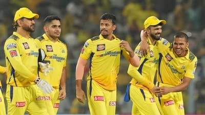 Kolkata: Chennai Super Kings players greet each other after winning the IPL 2023 cricket match against Kolkata Knight Riders at Eden Gardens in Kolkata, Sunday, April 23, 2023. (PTI Photo/Swapan Mahapatra)(PTI04_23_2023_000447A) (PTI) Kolkata: Chennai Super Kings players greet each other after winning the IPL 2023 cricket match against Kolkata Knight Riders at Eden Gardens in Kolkata, Sunday, April 23, 2023. (PTI Photo/Swapan Mahapatra)(PTI04_23_2023_000447A) (PTI)