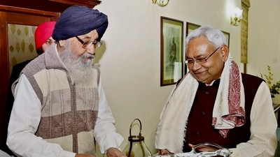 Parkash Singh Badal is seen with then BJP President Amit Shah and Harsimrat Kaur Badal at Anandpur Sahib. (PTI) Parkash Singh Badal is seen with then BJP President Amit Shah and Harsimrat Kaur Badal at Anandpur Sahib. (PTI)