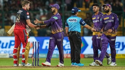Kolkata Knight Riders players celebrate their win over RCB in the the IPL 2023 cricket match (PTI)