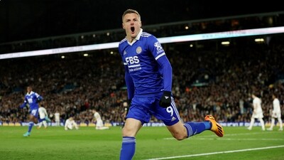 Leicester City's Jamie Vardy celebrates scoring their first goal (REUTERS)