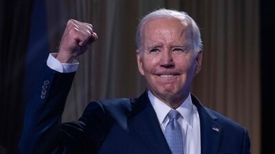 US President Joe Biden acknowledges the crowd during an event on the creation of new manufacturing jobs at the Washington Hilton in Washington, DC, April 25, 2023. - Biden announced Tuesday his bid "to finish the job" with re-election in 2024. (AFP) US President Joe Biden acknowledges the crowd during an event on the creation of new manufacturing jobs at the Washington Hilton in Washington, DC, April 25, 2023. - Biden announced Tuesday his bid "to finish the job" with re-election in 2024. (AFP)