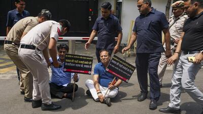 The BJP protested outside Delhi CM’s residence on Wednesday. (PTI)