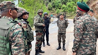 Poonch, Apr 22 (ANI):  Northern Army Commander Lieutenant General Upendra Dwivedi inspects the Poonch terror attack incident site in which 5 army personnel lost their lives, in Poonch on Saturday. (ANI Photo) (Sumit Bhargav)