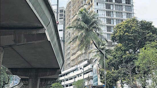 Mumbai, India - April 26, 2023: Naman Habitat, a highrise building under construction, near Azad Nagar Metro Station, at Andheri, in Mumbai, India, on Wednesday, April 26, 2023. (Photo by Vijay Bate/HT Photo) (HT PHOTO)