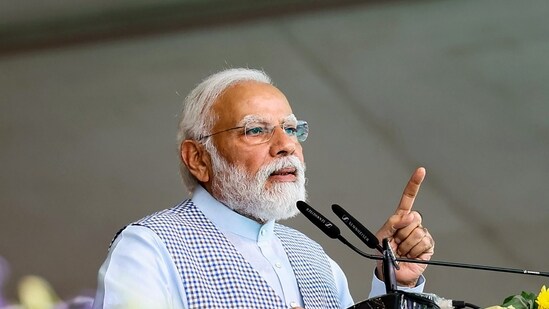 Prime Minister Narendra Modi speaks during the National Panchayati Raj Day celebrations in Rewa district on Monday. (PTI)