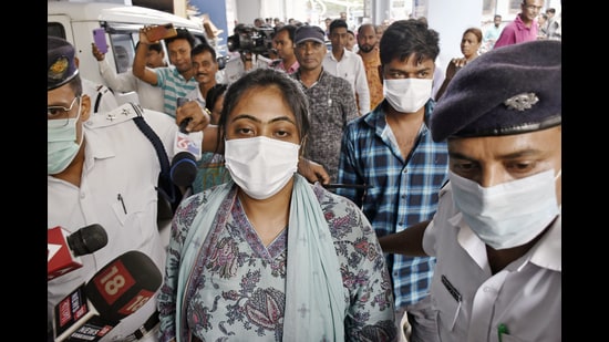 Sukanya Mandal, daughter of TMC leader Anubrata Mondal, at the Calcutta high court in connection with a petition that alleged she was recruited as a teacher without clearing the recruitment exam. She was arrested by ED on Wednesday (ANI FILE)