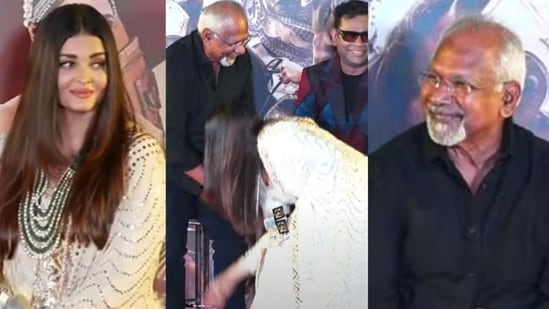 Aishwarya Rai touches Mani Ratnam's feet on the stage at a promotional event for Ponniyin Selvan II.