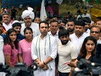 Rashtriya Lok Dal president Jayant Chaudhary comes in support of wrestlers during their protest at Jantar Mantar in New Delhi on Thursday.