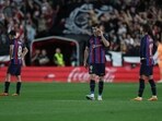Barcelona's Polish forward Robert Lewandowski (C) and teammates react during the Spanish league football match between Rayo Vallecano de Madrid and FC Barcelona at the Vallecas stadium in Madrid on April 26, 2023. (Photo by Pierre-Philippe MARCOU / AFP) Barcelona's Polish forward Robert Lewandowski (C) and teammates react during the Spanish league football match between Rayo Vallecano de Madrid and FC Barcelona at the Vallecas stadium in Madrid on April 26, 2023. (Photo by Pierre-Philippe MARCOU / AFP)