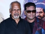 Director Mani Ratnam with music composer and singer AR Rahman and actor Vikram at a press meet. (ANI)