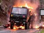 Poonch: An army vehicle in flames after a terror attack in Mendhar in Poonch district, Thursday, April 20, 2023. (PTI) Poonch: An army vehicle in flames after a terror attack in Mendhar in Poonch district, Thursday, April 20, 2023. (PTI)