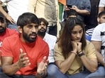 The wrestlers addressing a press conference during their protest against the Wrestling Federation of India in New Delhi. (Hindustan Times) The wrestlers addressing a press conference during their protest against the Wrestling Federation of India in New Delhi. (Hindustan Times)