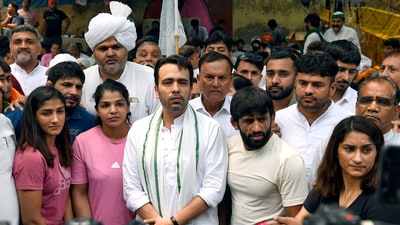 Rashtriya Lok Dal president Jayant Chaudhary comes in support of wrestlers during their protest at Jantar Mantar in New Delhi on Thursday. (ANI) Rashtriya Lok Dal president Jayant Chaudhary comes in support of wrestlers during their protest at Jantar Mantar in New Delhi on Thursday. (ANI)
