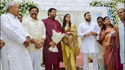 Bihar chief minister Nitish Kumar (left) and deputy CM Tejashwi Yadav seen with Anand Mohan (second from left) at the latter’s son’s engagement in Patna on April 24. (PTI Photo) Bihar chief minister Nitish Kumar (left) and deputy CM Tejashwi Yadav seen with Anand Mohan (second from left) at the latter’s son’s engagement in Patna on April 24. (PTI Photo)