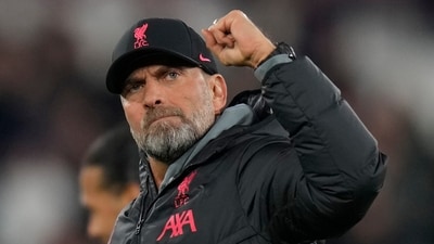 Liverpool's manager Jurgen Klopp celebrates towards his teams fans after the end of the English Premier League soccer match between West Ham United and Liverpool at the London stadium in London, Wednesday, April 26, 2023. Liverpool won the game 2-1. (AP Photo/Alastair Grant) (AP) Liverpool's manager Jurgen Klopp celebrates towards his teams fans after the end of the English Premier League soccer match between West Ham United and Liverpool at the London stadium in London, Wednesday, April 26, 2023. Liverpool won the game 2-1. (AP Photo/Alastair Grant) (AP)