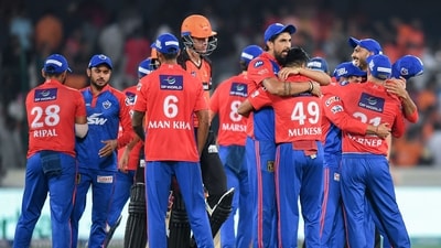 Delhi Capitals' players celebrate after winning the Indian Premier League (IPL) Twenty20 cricket match between Sunrisers Hyderabad and Delhi Capitals at the Rajiv Gandhi International Cricket Stadium in Hyderabad on April 24, 2023. (Photo by Noah SEELAM / AFP) (AFP)