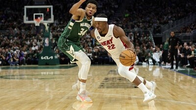 Jimmy Butler #22 of the Miami Heat drives around Giannis Antetokounmpo #34 of the Milwaukee Bucks during the second half of Game 5 of the Eastern Conference First Round Playoffs at Fiserv Forum. (Getty Images via AFP) Jimmy Butler #22 of the Miami Heat drives around Giannis Antetokounmpo #34 of the Milwaukee Bucks during the second half of Game 5 of the Eastern Conference First Round Playoffs at Fiserv Forum. (Getty Images via AFP)
