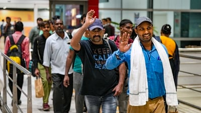 Indian nationals evacuated from violence-hit Sudan under Operation Kaveri, on their arrival at the IGI Airport in New Delhi. (PTI) Indian nationals evacuated from violence-hit Sudan under Operation Kaveri, on their arrival at the IGI Airport in New Delhi. (PTI)