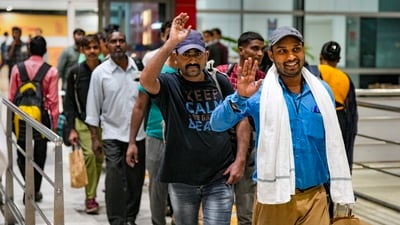 Indian nationals evacuated from violence-hit Sudan under Operation Kaveri, on their arrival at the IGI Airport in New Delhi. (PTI) Indian nationals evacuated from violence-hit Sudan under Operation Kaveri, on their arrival at the IGI Airport in New Delhi. (PTI)