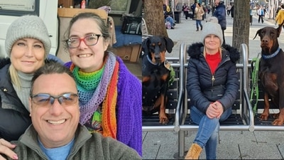 Lucy Humphrey with Katie James, Cenydd Owen and her dogs. (Instagram/@dobermans_indie_and_dave) Lucy Humphrey with Katie James, Cenydd Owen and her dogs. (Instagram/@dobermans_indie_and_dave)