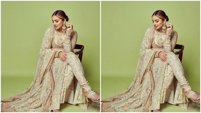 Huma’s salwar came with a closed neckline, intricate details in shades of ochre and pleat details. She teamed it with ethnic trousers and a dupatta. (Instagram/@iamhumaq) Huma’s salwar came with a closed neckline, intricate details in shades of ochre and pleat details. She teamed it with ethnic trousers and a dupatta. (Instagram/@iamhumaq)