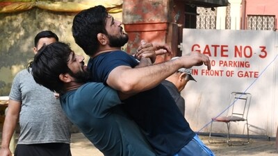 Bajrang Punia seen lifting another wrestler during practice on Thursday. (Vipin Kumar/ Hindustan Times) Bajrang Punia seen lifting another wrestler during practice on Thursday. (Vipin Kumar/ Hindustan Times)