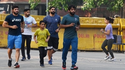 Bajrang Punia seen with fellow wresters during morning practice session. (Vipin Kumar/ Hindustan Times) Bajrang Punia seen with fellow wresters during morning practice session. (Vipin Kumar/ Hindustan Times)