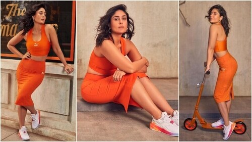 Kareena Kapoor in an orange-coloured tank top and skirt. (Instagram) Kareena Kapoor in an orange-coloured tank top and skirt. (Instagram)