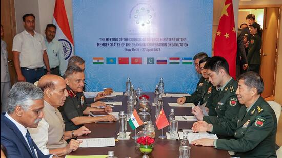 Defence minister Rajnath Singh holds a bilateral meeting with his Chinese counterpart Li Shangfu on the sidelines of the SCO Defence Ministers' meeting in New Delhi on Thursday. (A. Bharat Bhushan Babu /Twitter)
