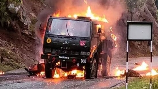 Poonch: An army vehicle in flames after a terror attack in Mendhar in Poonch district, Thursday, April 20, 2023. (PTI)