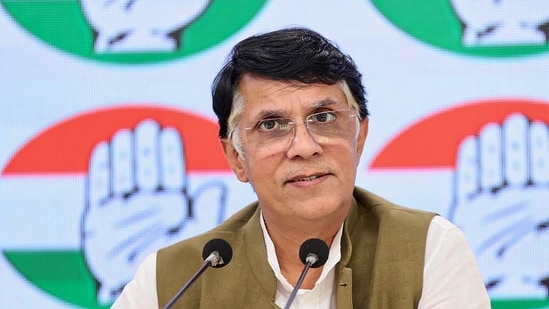 Congress leader Pawan Khera addresses a press conference in New Delhi, Thursday, April 27, 2023. (PTI)