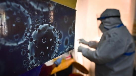 An illustration of the novel coronavirus seen next to a health care worker. (Reuters)