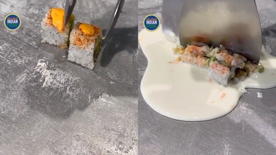 The image, taken from the video, shows an individual making sushi ice cream rolls. (Instagram/@thegreatindianfoodie)