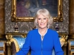 The Queen Consort Camilla clicked in the Blue Drawing Room at Buckingham Palace, London.