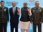Chinese defence minister Li Shangfu, secretary-general of the Shanghai Cooperation Organisation (SCO) Zhang Ming, defence minister Rajnath Singh and Russain defence minister Sergei Shoigu pose for a picture before the start of the SCO meet in New Delhi,