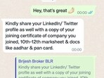 WhatsApp conversations between a broker and a tenant. WhatsApp conversations between a broker and a tenant.