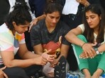 Wresters including Sakshi Malik and Vinesh Phogat seen at the protest site. Wresters including Sakshi Malik and Vinesh Phogat seen at the protest site.