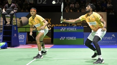 India's Satwiksairaj Rankireddy, right, and Chirag Shetty, return a shuttlecock to China's Xiang Yu Ren and Qiang Tan during their men's doubles final match of the Badminton Swiss Open at the St. Jakobshalle, in Basel, Switzerland, Sunday, March 26, 2023. AP/PTI(AP03_26_2023_000161B) (AP) India's Satwiksairaj Rankireddy, right, and Chirag Shetty, return a shuttlecock to China's Xiang Yu Ren and Qiang Tan during their men's doubles final match of the Badminton Swiss Open at the St. Jakobshalle, in Basel, Switzerland, Sunday, March 26, 2023. AP/PTI(AP03_26_2023_000161B) (AP)