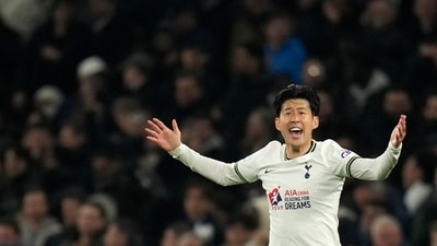 Tottenham's Son Heung-min celebrates after scoring his sides second goal during the English Premier League soccer match between Tottenham Hotspur and Manchester United at White Hart Lane, in London, England, Thursday, April 27, 2023. (AP Photo/Alastair Grant) (AP) Tottenham's Son Heung-min celebrates after scoring his sides second goal during the English Premier League soccer match between Tottenham Hotspur and Manchester United at White Hart Lane, in London, England, Thursday, April 27, 2023. (AP Photo/Alastair Grant) (AP)