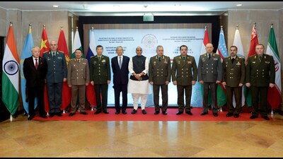 Defence minister Rajnath Singh at the SCO Defence Ministers' Meeting in New Delhi on Friday. (ANI) Defence minister Rajnath Singh at the SCO Defence Ministers' Meeting in New Delhi on Friday. (ANI)