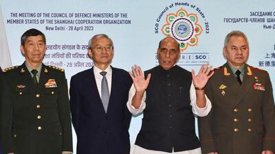Defence minister Rajnath Singh with his counterparts in New Delhi. (AFP) Defence minister Rajnath Singh with his counterparts in New Delhi. (AFP)