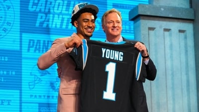Alabama quarterback Bryce Young with NFL commissioner Roger Goodell after he was drafted first overall by the Carolina Panthers in the first round of the 2023 NFL Draft at Union Station. (USA TODAY Sports via Reuters Con)