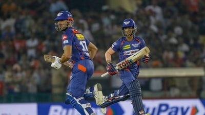 Lucknow Super Giants Marcus Stoinis, left, and Ayush Badoni run between the wickets to score during Indian Premier League cricket match between Lucknow Super Giants and Punjab Kings in Mohali, India, Friday, April 28, 2023. (AP Photo Surjeet Yadav ) (AP) Lucknow Super Giants Marcus Stoinis, left, and Ayush Badoni run between the wickets to score during Indian Premier League cricket match between Lucknow Super Giants and Punjab Kings in Mohali, India, Friday, April 28, 2023. (AP Photo Surjeet Yadav ) (AP)